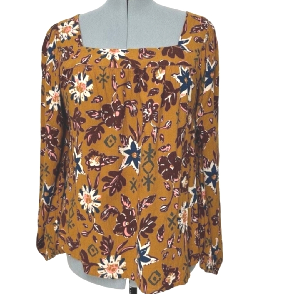 Sonoma Square Neckline Mustard Yellow Floral long sleeve Rayon Blouse Size 1X